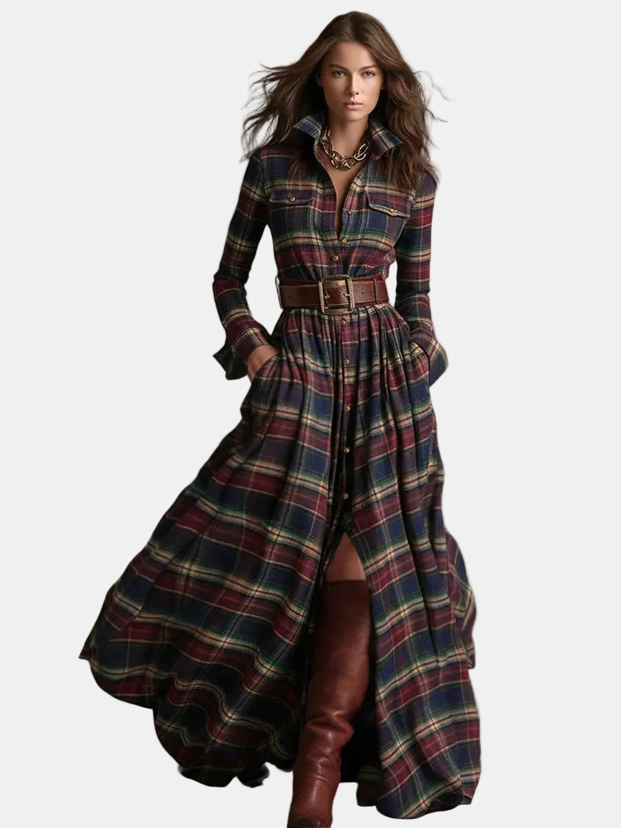 Sara | Vestido maxi retro étnico padrão xadrez