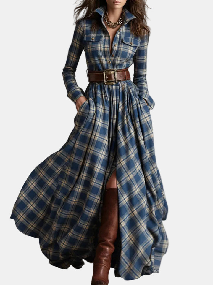 Sara | Vestido maxi retro étnico padrão xadrez