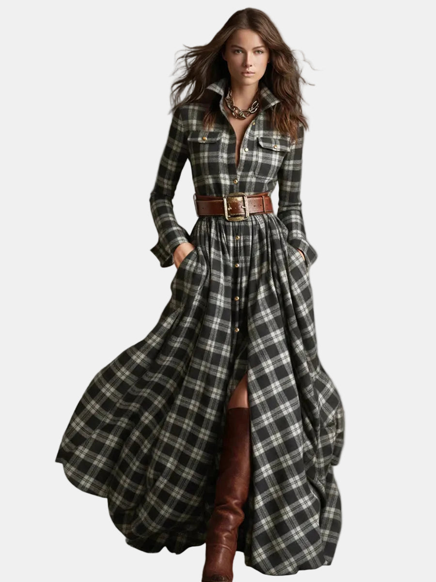 Sara | Vestido maxi retro étnico padrão xadrez