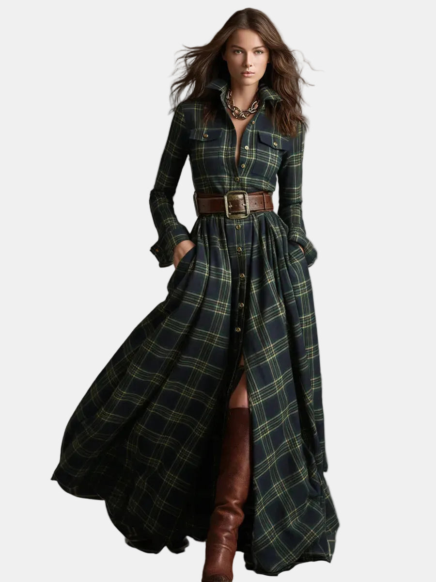 Sara | Vestido maxi retro étnico padrão xadrez
