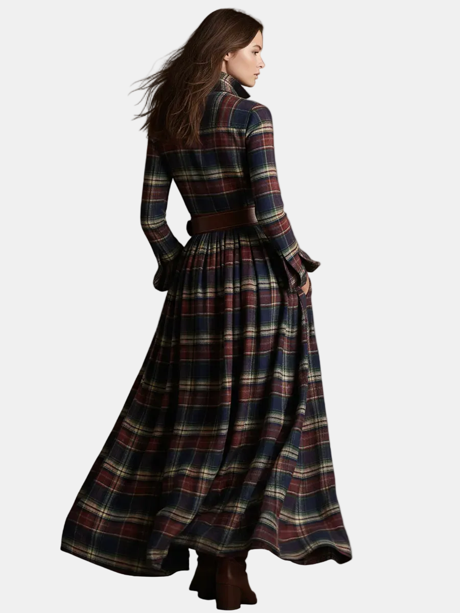 Sara | Vestido maxi retro étnico padrão xadrez