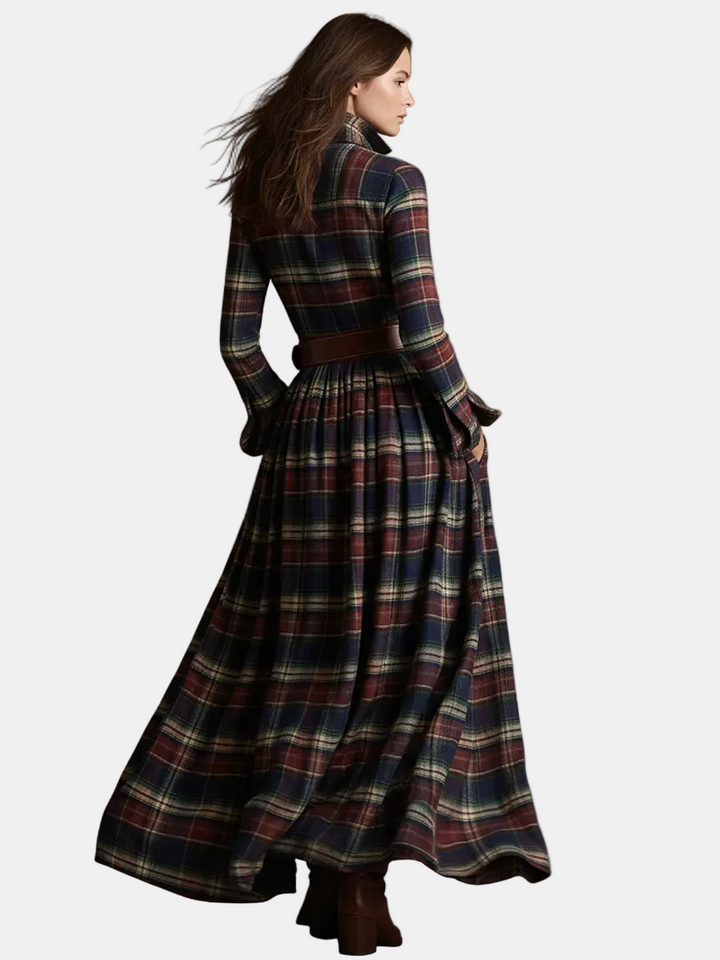 Sara | Vestido maxi retro étnico padrão xadrez