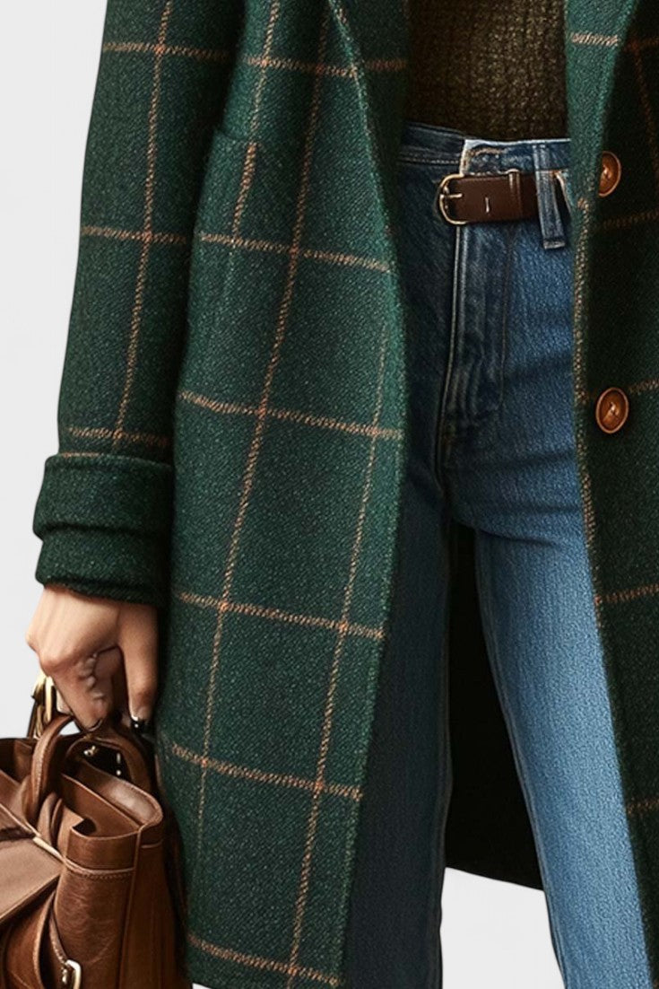 Fátima | Elegante casaco comprido em tweed a fantasia tartan