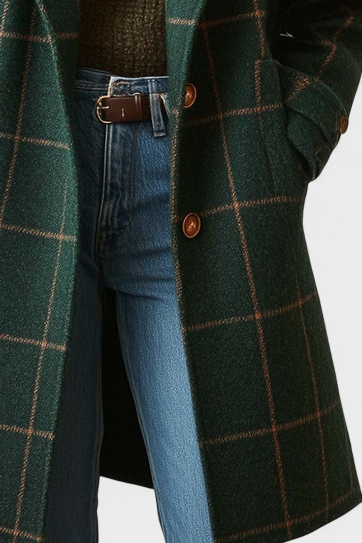 Fátima | Elegante casaco comprido em tweed a fantasia tartan