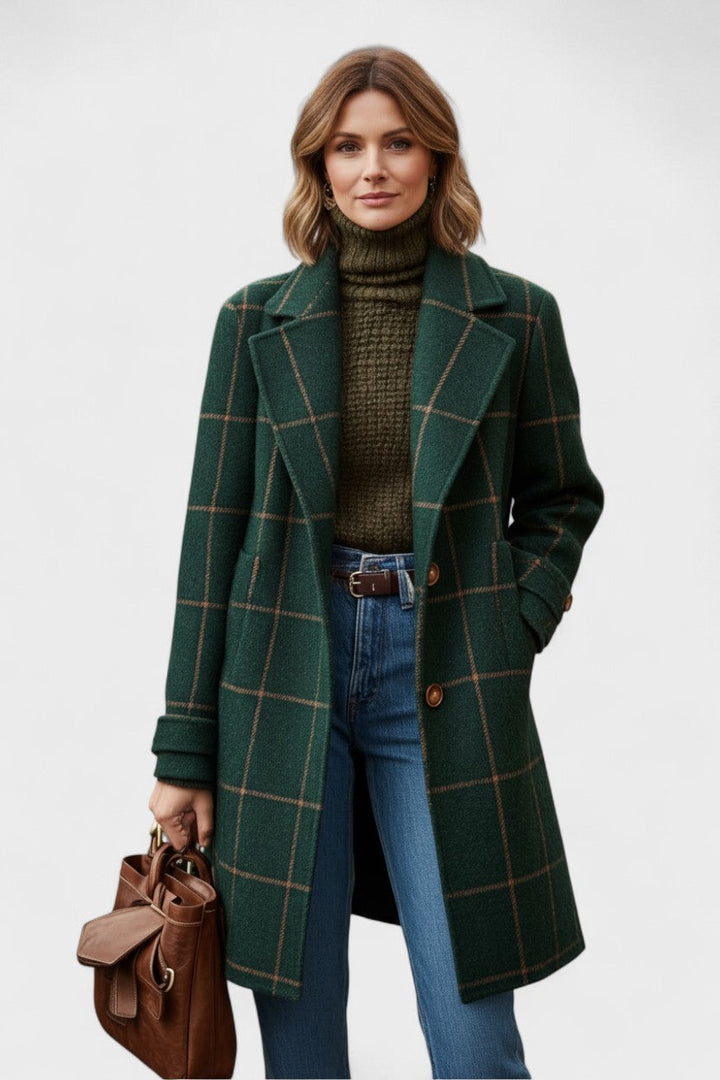 Fátima | Elegante casaco comprido em tweed a fantasia tartan
